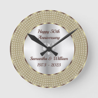Cute Silver And Gold Anniversary Round Clock