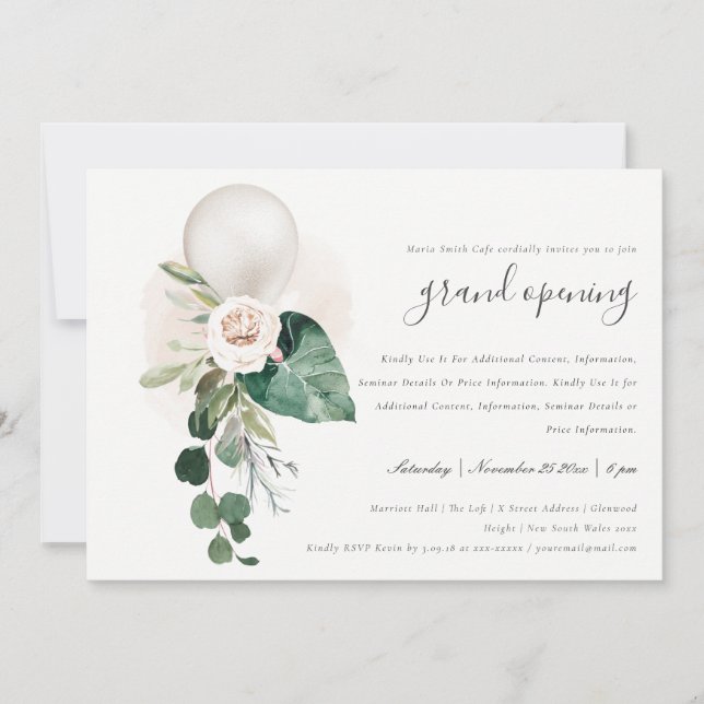 Cute Silver Balloon Floral Grand Opening Invite (Front)