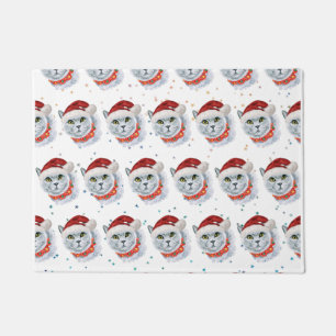 Cute Silver Cat with Santa Hat Christmas Doormat