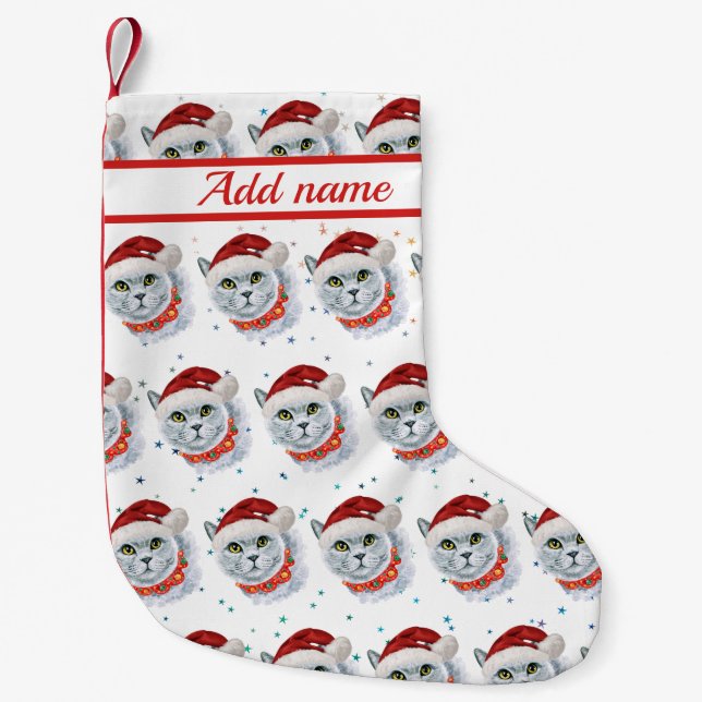 Cute Silver Cat with Santa Hat Christmas Small Christmas Stocking (Front)