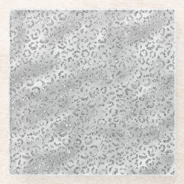 Cute Silver Cheetah Leopard Skin Print Pattern Glass Coaster (Front)
