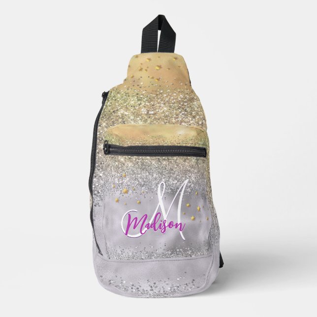 Cute silver gold Glitter stars monogram Printed Sling Bag (Front)