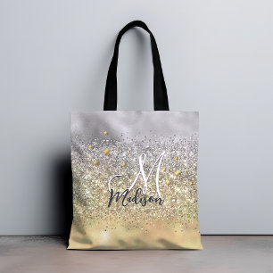 Cute silver gold Glitter stars monogram Tote Bag