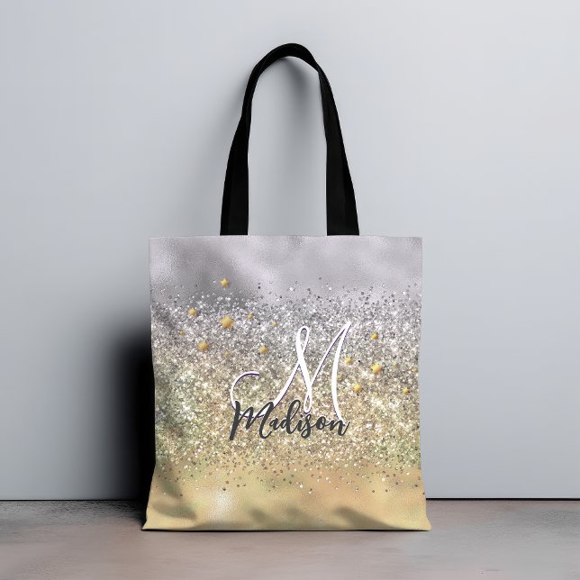 Cute silver gold Glitter stars monogram Tote Bag (Creator Uploaded)