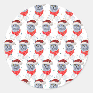 Cute Silver Grey Cat With Santa Hat Christmas Classic Round Sticker