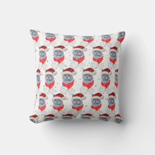 Cute Silver Grey Cat With Santa Hat Christmas Cushion
