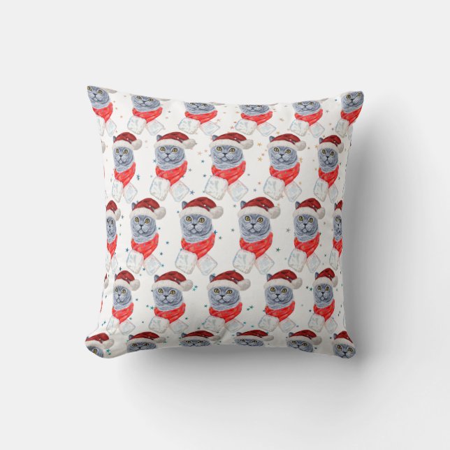 Cute Silver Grey Cat With Santa Hat Christmas Cushion (Front)