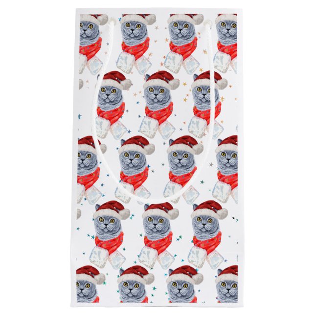Cute Silver Grey Cat With Santa Hat Christmas Small Gift Bag (Front)