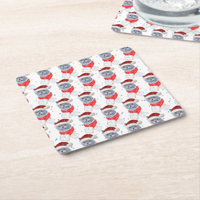 Cute Silver Grey Cat With Santa Hat Christmas Square Paper Coaster (Angled)