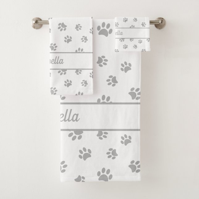 Cute Silver Grey Paw Prints Personalised Bath Towel Set (Insitu)
