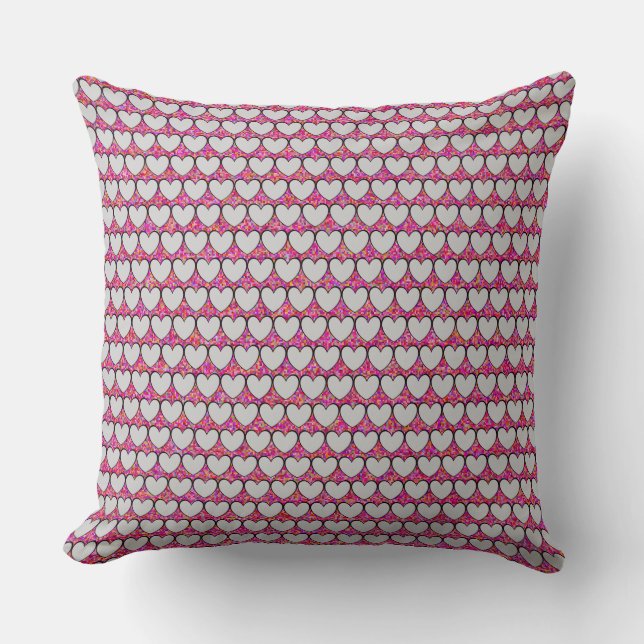 Cute Silver Hearts All Over Pattern Pink Cushion (Front)