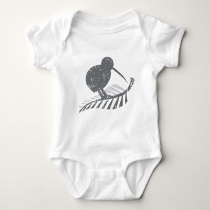 cute silver kiwi bird and silver fern distressed baby bodysuit