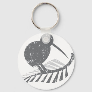 cute silver kiwi bird and silver fern distressed key ring