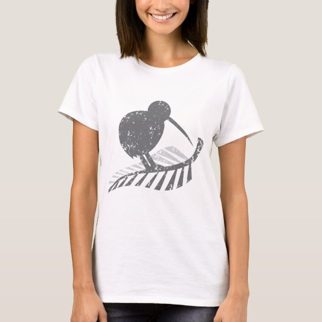 cute silver kiwi bird and silver fern distressed T-Shirt (Front)