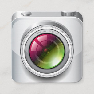 Cute Silver Realistic Camera Photography Square Business Card