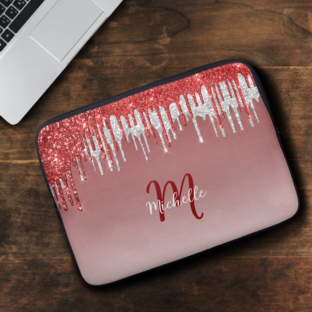 Cute Silver Red Glitter Drip Monogram Sparkle Laptop Sleeve (Creator Uploaded)