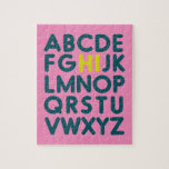 Cute Simple Alphabet Letter Art in Pink Jigsaw Puzzle<br><div class="desc">Fun,  playful typography design of the Alphabet in Bright Fuchsia Pink and Teal Blue with the H and the I in Lemon Yellow</div>