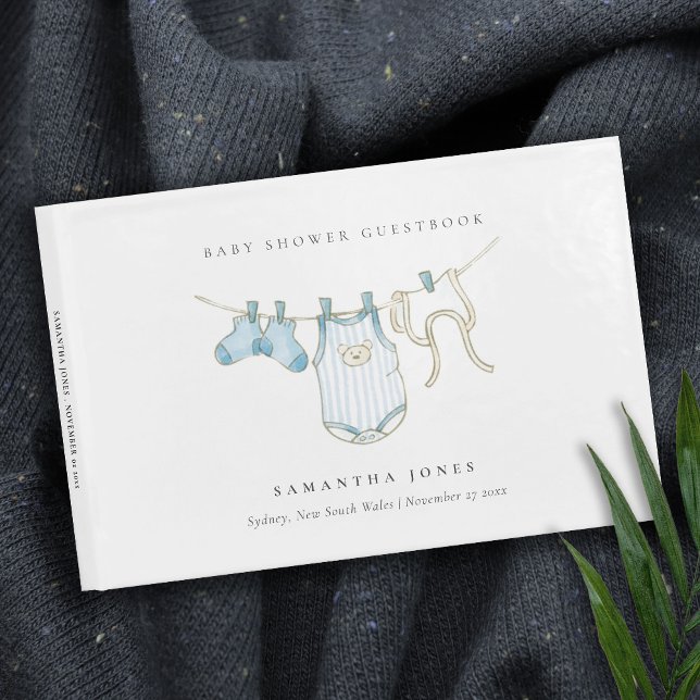 Cute Simple Aqua Blue Clothesline Boy Baby Shower Guest Book (Creator Uploaded)