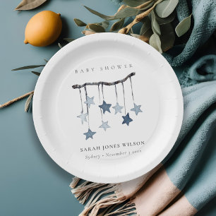 Cute Simple Aqua Blue Star Mobile Baby Shower Paper Plate