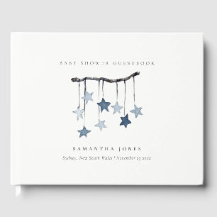 Cute Simple Aqua Blue Star Mobile Boy Baby Shower Guest Book