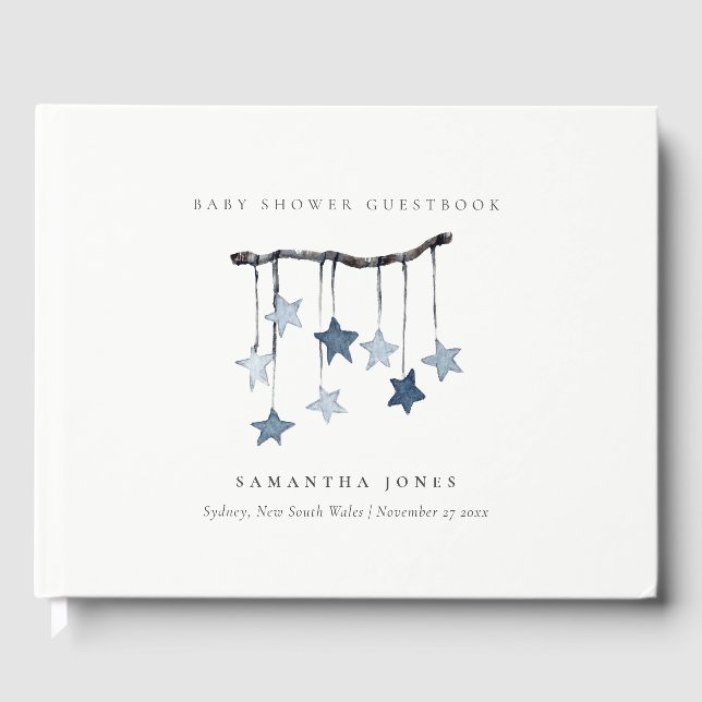 Cute Simple Aqua Blue Star Mobile Boy Baby Shower Guest Book (Front)