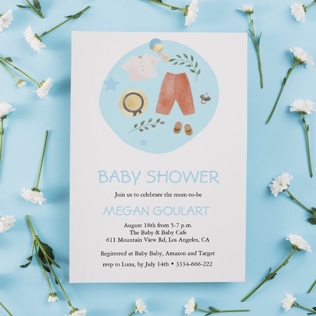 Cute Simple Baby Clothes Blue Baby Shower Invitation (Creator Uploaded)
