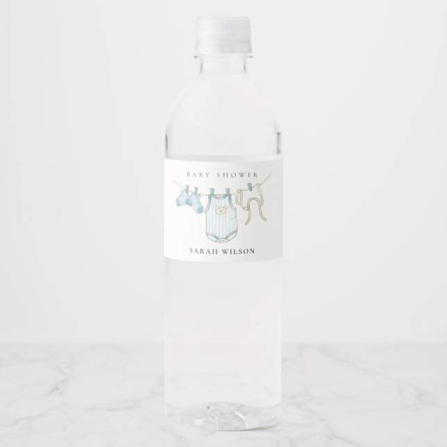 Cute Simple Baby Clothesline Blue Boy Baby Shower Water Bottle Label (Front)