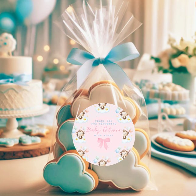 Cute Simple Baby Monkey Balloons Pink Thank You Classic Round Sticker (Baby shower sticker)