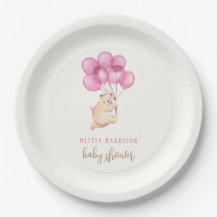 Cute Simple Bear Pink Balloon Baby Shower  Paper Plate