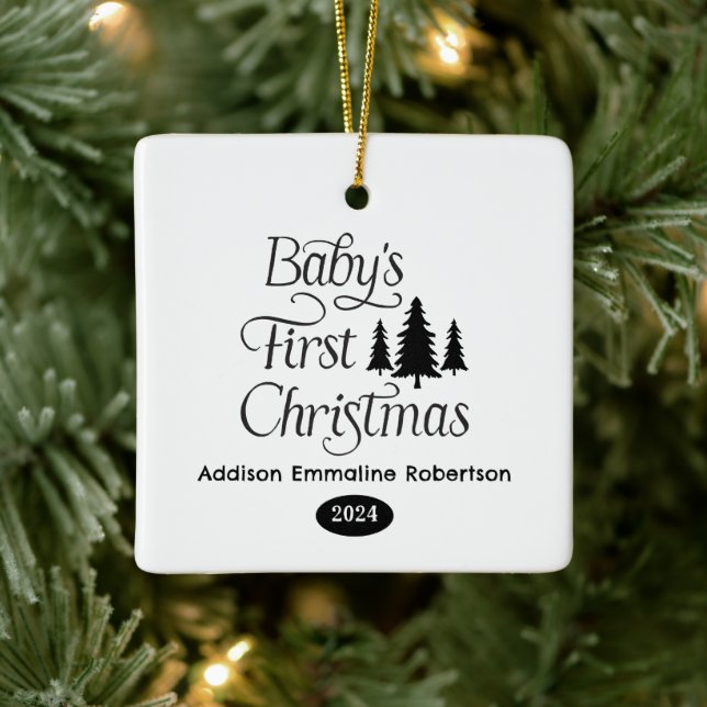 Cute Simple Black White Baby's 1st Christmas Ceramic Ornament (Tree)