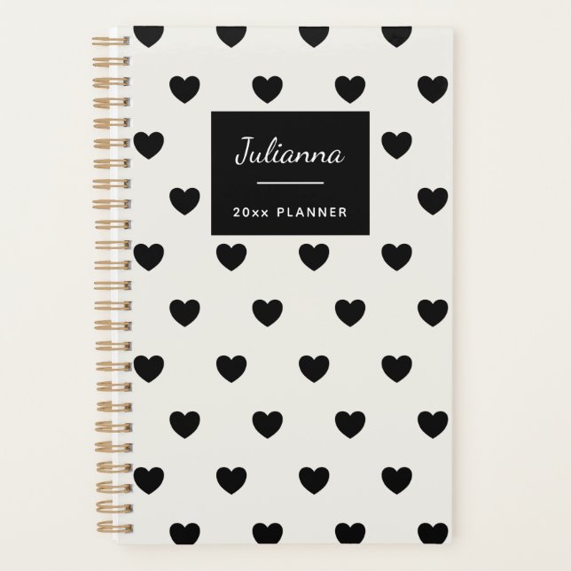 Cute Simple Black White Hearts Personalised 2025 Planner (Front)