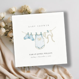 Cute Simple Blue Baby Boy Clothesline Baby Shower Napkin