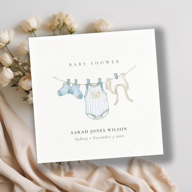 Cute Simple Blue Baby Boy Clothesline Baby Shower Napkin (Creator Uploaded)