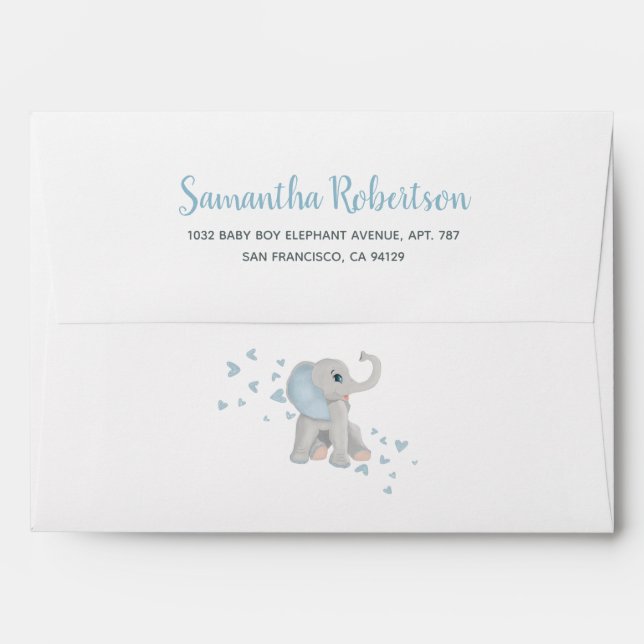 Cute SImple Blue Baby Elephant Watercolor Hearts Envelope (Back (Top Flap))