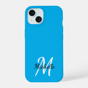 Cute Simple Blue Monogram Name + Initial iPhone 15 Case