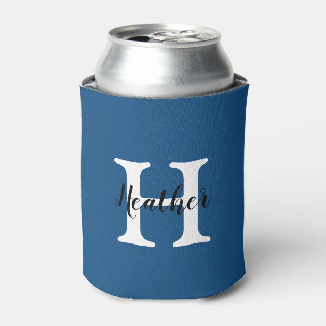 Cute Simple Blue & White Monogram Name + Initial Can Cooler (Can Front)