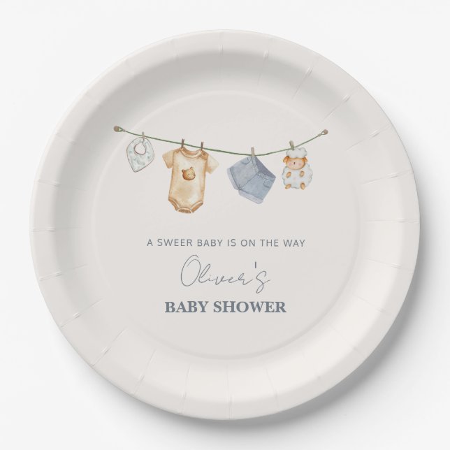 Cute Simple Boho Clothesline Baby Shower  Paper Plate (Front)