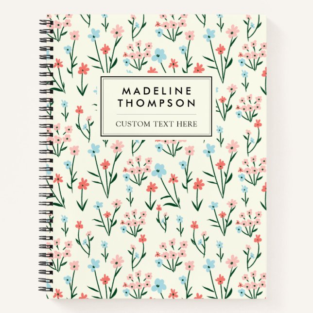 Cute Simple Botanical Pink Blue Flower Floral  Notebook (Front)