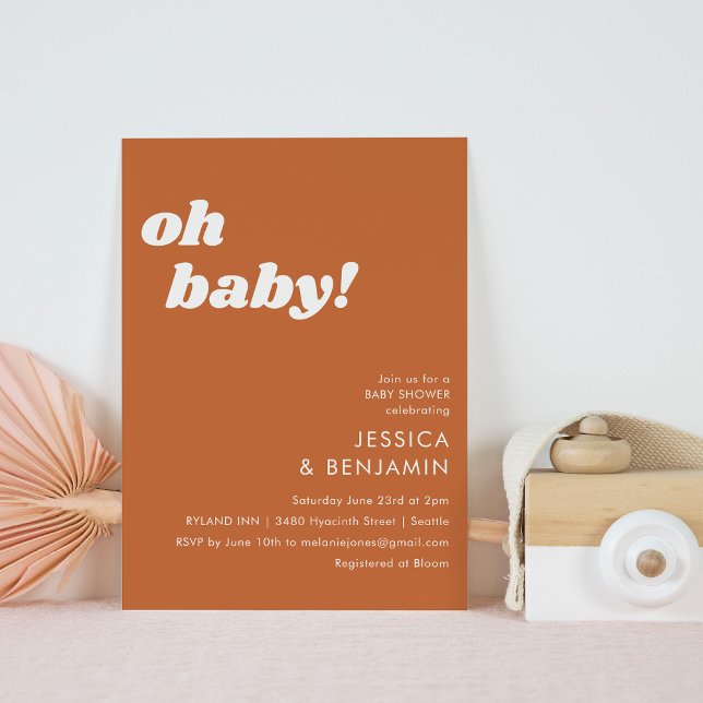 Cute Simple Burnt Orange Modern Oh Baby Shower Invitation (Creator Uploaded)