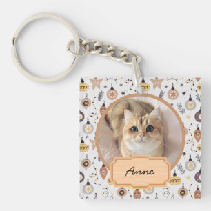 cute simple christmas holiday Custom cat Photo  Key Ring