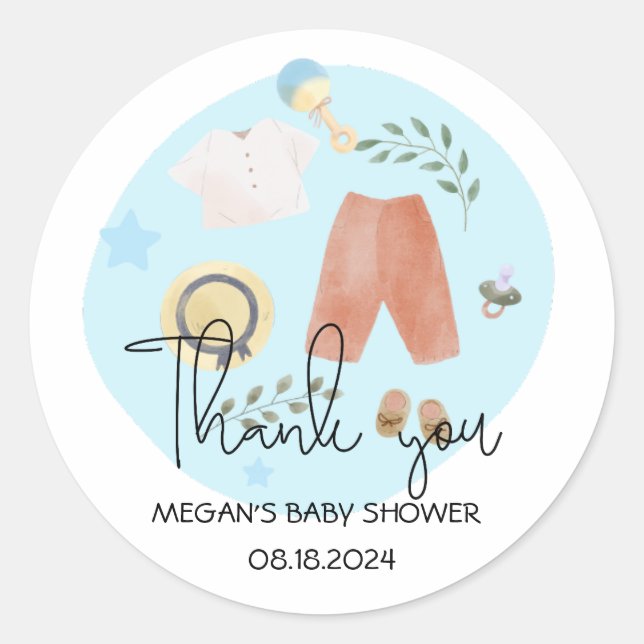 Cute Simple Clothes Blue Baby Shower Thank You Classic Round Sticker (Front)