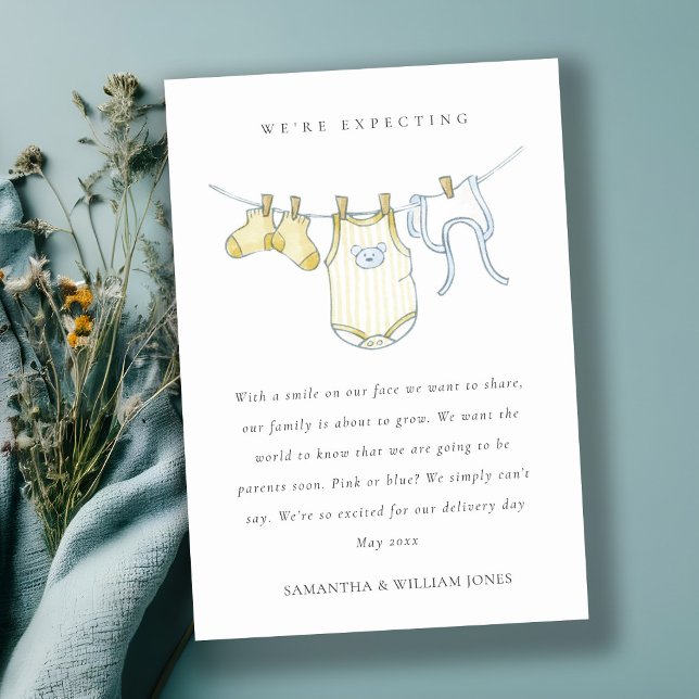 Cute Simple Clothesline Yellow Baby Announcement  (Creator Uploaded)