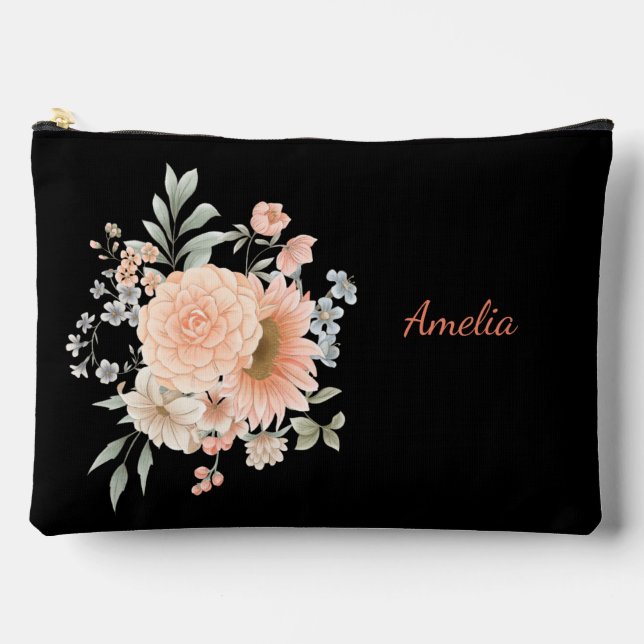 Cute Simple Elegant Black With Flowers Accessory Pouch (Front)