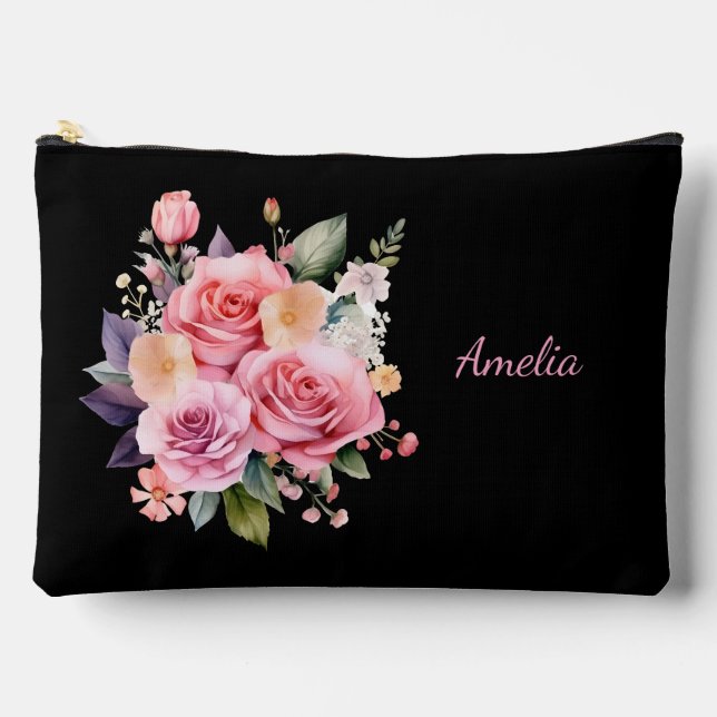 Cute Simple Elegant Black With Flowers Accessory Pouch (Front)