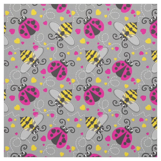 Cute simple graphic ladybugs and bees love hearts fabric (Swatch)
