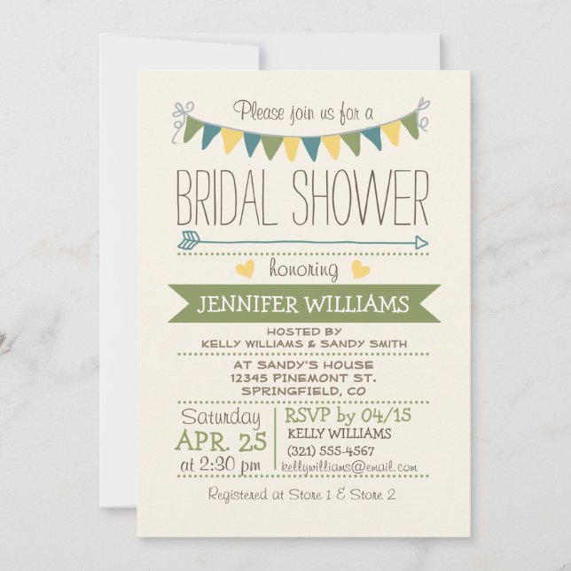 Cute, Simple, Green, Yellow, Teal Bridal Shower Invitation (Front)