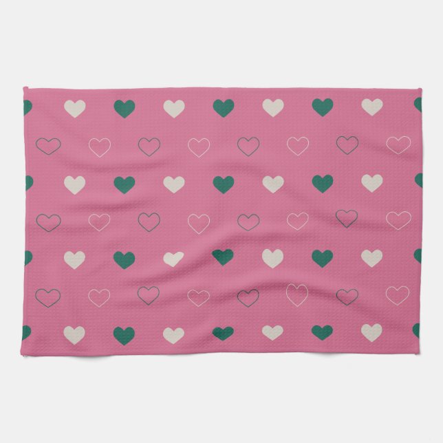 Cute Simple Heart Seamless pink / green Tea Towel (Horizontal)