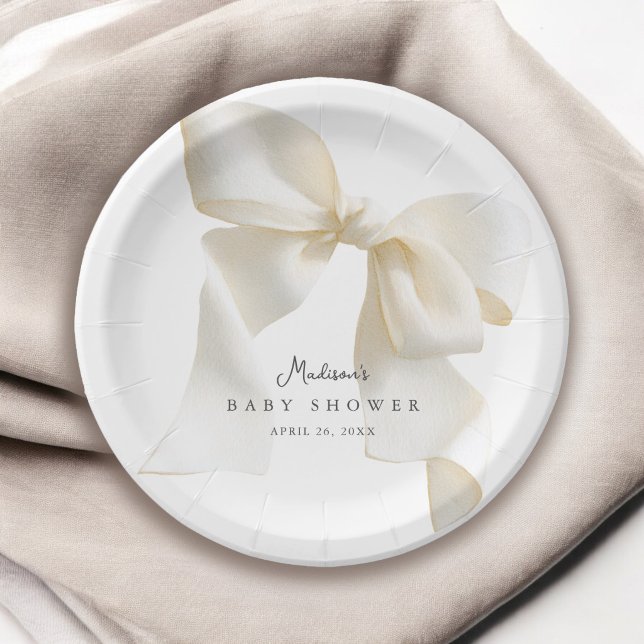 Cute Simple Ivory Bow Baby Shower Paper Plate (Creator Uploaded)