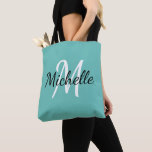Cute Simple Light Blue & White Monogram Tote Bag<br><div class="desc">A cute and simple light teal blue background and white custom monogram first initial and first name.</div>