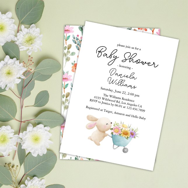 Cute Simple Little Bunny Wildflowers Baby Shower  Invitation (Creator Uploaded)